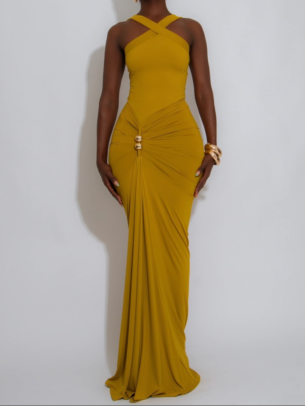 Elegant Mustard Yellow Runched Maxi Dress